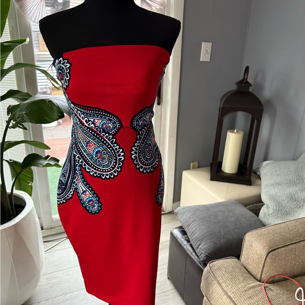 Express Strapless Red Paisley-Print Sheath Dress